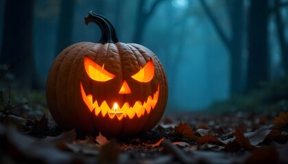 Spooky glowing jack-o'-lantern illuminates dark forest path on misty Halloween night