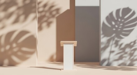 Obraz premium A sunlit minimalist room features a light-colored display stand with tropical leaf shadows cast across beige brown and gray walls and the floor