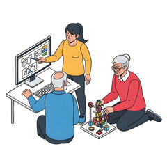 A young woman guides elderly couple in a collaborative computer-aided design project.
