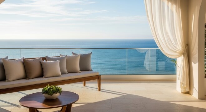 A sunny balcony featuring a cushioned wooden sofa a coffee table with a plant and flowing sheer curtains offers expansive views of a vast blue ocean under a clear sky