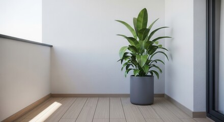 A vibrant green plant in a dark gray pot stands in a bright minimalist corner with light wooden floorboards white walls and sunlight casting a stripe across the floor