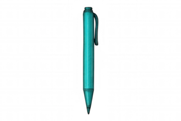 Blue ballpoint pen resting on transparent surface, highlighting sleek design and writing potential for creative tasks