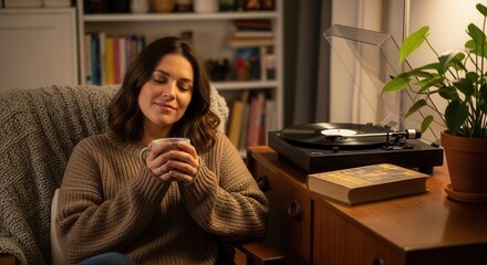 A woman with closed eyes sits in a cozy room holding a mug and smiling with a record player and plant nearby