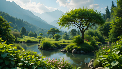 A beautiful view of a lush green landscape with a serene pond, symbolizing a connection to nature and an eco-friendly lifestyle.
