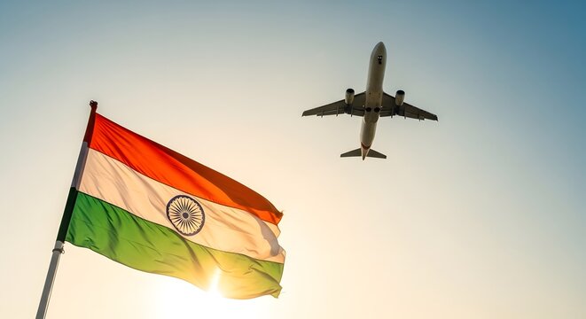 An airplane flies over the Indian flag against a bright, sunny, blue sky, symbolizing travel and national pride.