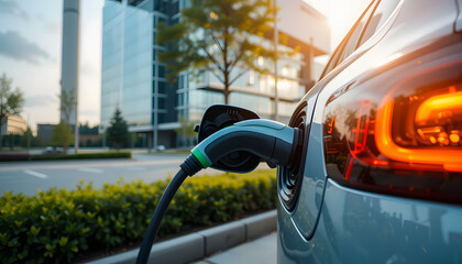 An EV charger is plugged into a car in front of a corporate headquarters, representing a commitment to sustainable business practices and a modern, eco-friendly workplace.