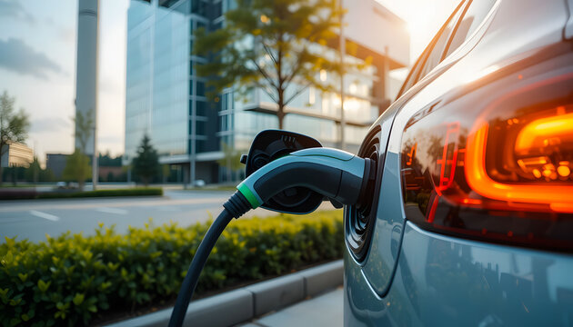 An EV charger is plugged into a car in front of a corporate headquarters, representing a commitment to sustainable business practices and a modern, eco-friendly workplace.