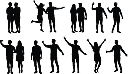 Silhouettes of people in various poses, couples, friends, taking selfies, standing, pointing, waving, happy human interaction vector illustration