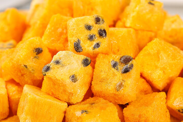 Dried Fruit Chunks with Seeds Closeup Display for Healthy Snacking and Tea Blends