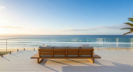 An outdoor wooden sofa on a deck faces a vast ocean with a sandy beach and a clear sky under a bright sun