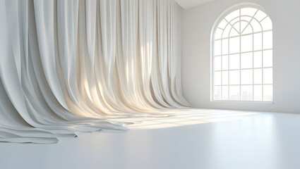 Soft draped curtains in a bright sunlit room with an arched window casting light patterns on the floor