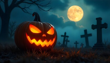 Spooky Jack-o'-lantern glows menacingly in a moonlit graveyard with eerie tombstones and a full moon overhead