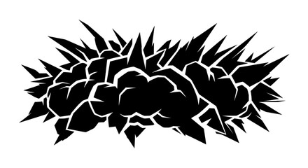 Obraz premium Black silhouette of a powerful explosion, combining a cloud form with sharp spikes and cracked details. Vector graphic ideal for comic book action.
