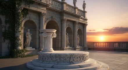 Fototapeta premium Classical stone edifice with columns arches and sculptures featuring a foreground marble pedestal and a vibrant sunset over a balustraded terrace