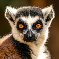 Fototapeta premium Close-up portrait of a ring-tailed lemur, showcasing intense, amber eyes and intricate black and white fur patterns.