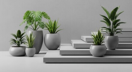 Fototapeta premium Collection of potted green plants on a light gray surface with rectangular steps