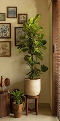 A living room corner featuring a large potted plant and framed artwork