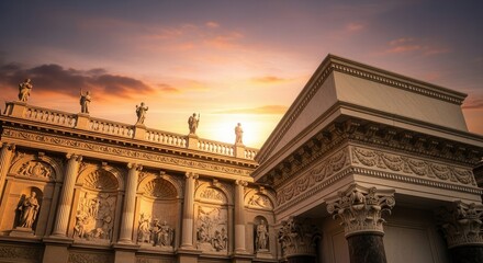 Grand architectural facade with rooftop statues ornate reliefs and columns under a warm sky