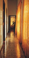 Sunlit Corridor with Golden Curtains