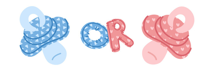 Banner for a gender party. Pink and blue pacifier nipples on white. Babies. Flat color illustration of items related to a boy or a girl. Determining the gender of a child. Food