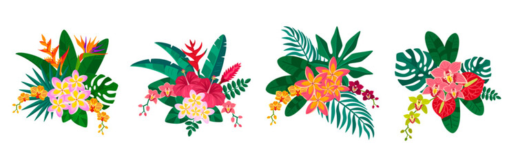 Tropical flowers bouquet vector illustration set isolated on white background. Hibiscus, strelitzia with palm tree leaves, floral party beach pattern, orchid anthurium logo. Hawaii summer party poster