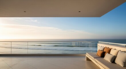 Fototapeta premium Modern balcony with a lounge and glass railing overlooking the ocean at sunrise or sunset featuring calm waves