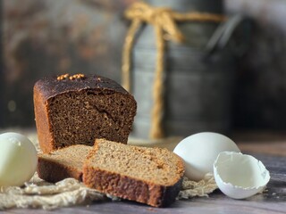 bread, retro mug, wooden table, breakfast, cozy