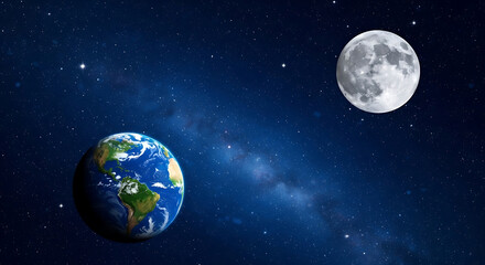 Fototapeta premium Earth and Moon in Starry Night Sky with Milky Way Galaxy space stars