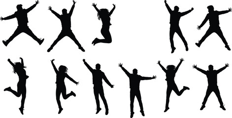 Jumping silhouette people with raised hands, joyful energetic group, celebration and excitement, freedom expression, happy diverse individuals in motion
