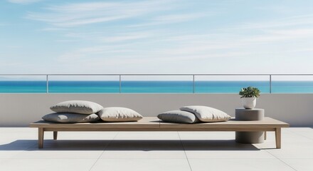 Fototapeta premium Modern outdoor terrace featuring a wooden lounge bed with light cushions a potted succulent on a side table and a vast ocean view