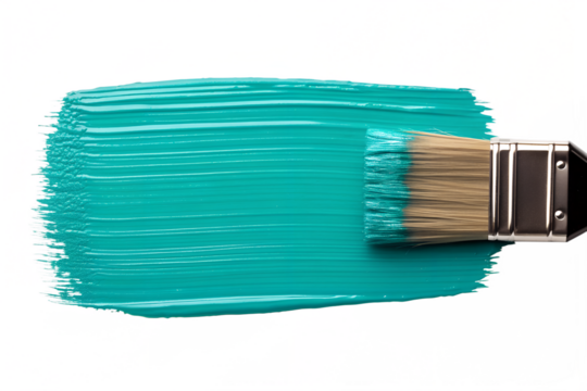 Turquoise paint stroke with brush isolated on white background