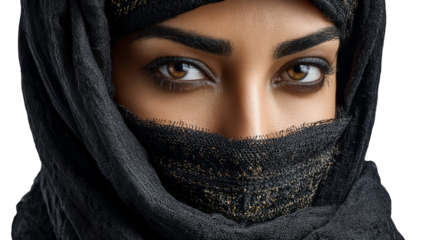 Portrait of a woman in traditional headscarf showcasing expressive eyes with intricate details and textures, symbolizing culture, beauty, and empowerment.