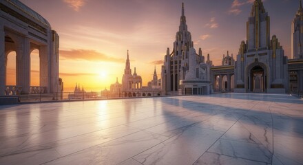 Fototapeta premium Ornate buildings with golden accents rise above a polished plaza at sunset