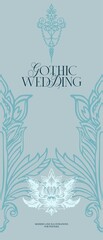 Pre-made design (banner, poster, invitation) in Gothic style. Modern, whimsical linear composition for wedding decoration, stylized as a dark aesthetic in monochrome (emerald) color scheme.