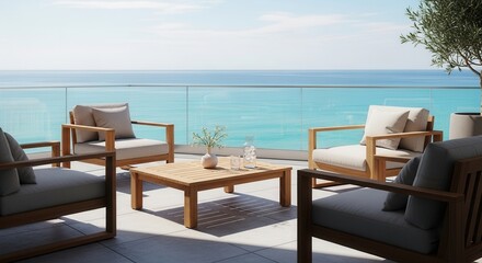 Obraz premium Outdoor patio with modern wooden furniture and glass railing overlooking the ocean A table features a vase glass and bottle