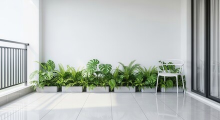 Outdoor patio with white tiled floor gray railing white wall and a row of green plants in white rectangular planters A white chair stands near a glass door