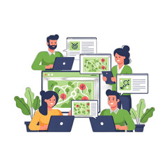 Collaborative team mapping a park using laptops and digital devices.