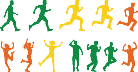 Naklejka premium Colorful silhouettes of people running and dancing, active movement, fitness and energy, vibrant exercise poses, dynamic body motion, joyful healthy lifestyle