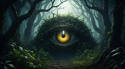 A cinematic spooky haunted forest halloween background. A dense, thorny thicket of bushes and vines blocks a path, with a single, unnaturally glowing eye visible from deep within.