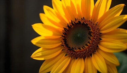 Obraz premium Vibrant sunflower bloom bathed in warm golden sunlight, showcasing intricate petal patterns and a dark, moody background for striking contrast