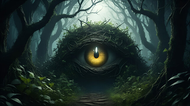 A cinematic spooky haunted forest halloween background. A dense, thorny thicket of bushes and vines blocks a path, with a single, unnaturally glowing eye visible from deep within.