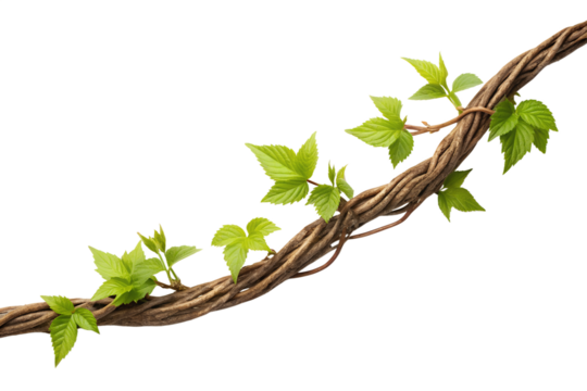 Twisted vine with green leaves isolated on white background