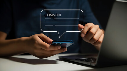Person using smartphone and laptop with digital login screen overlayed in a speech bubble concept