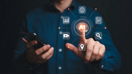 Man s finger touches digital interface displaying artificial intelligence icons and data analytics on a dark background