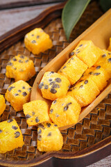 Freeze Dried Passion Fruit Blocks in Wooden Spoon - Healthy Instant Snack and Tea Ingredient