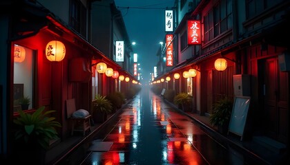 Mysterious Japanese alleyway glows with traditional lanterns and reflections on wet pavement at twilight