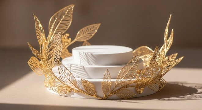 Three white cylindrical pedestals adorned with golden filigree leaves casting shadows under natural light