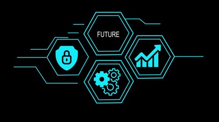 Futuristic digital interface with glowing neon blue icons for security growth and mechanics on a dark background representing technology innovation and data analysis - Powered by Adobe