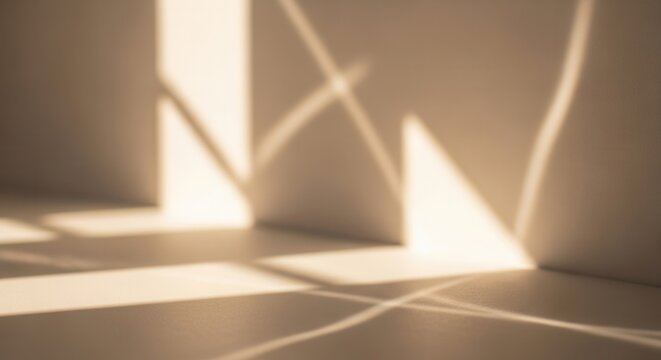 Warm sunlight casts geometric shadows across a plain wall and floor creating abstract patterns in an indoor setting