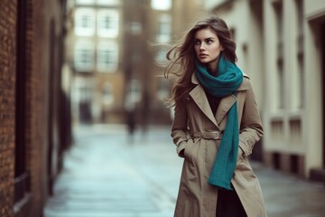 Fototapeta premium A young woman in a beige trench coat and teal scarf strolls down a city street, windswept hair adding to her stylish autumn look.